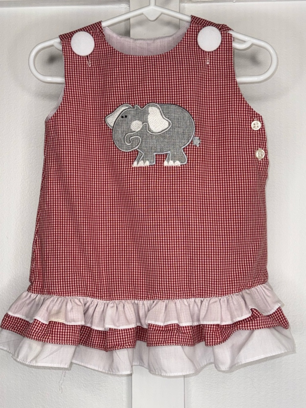 Red Gingham Ruffle Dress with Gray Elephant Appliqué size 12 months